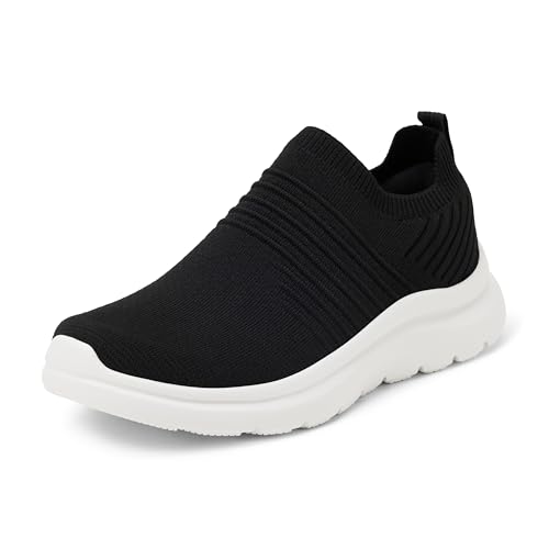 Amazon Essentials Women's Slip-On Lightweight Knit Walking Shoes, Black/White, 9