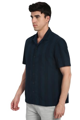 Image of Peter England Men's Casual Half Sleeve Resort Collar Shirt in 100% Cotton Seersucker with Striped Design
