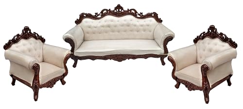 Image of Wooden 5 Seater Sofa Set with Center Table 3+1+1 Solid Wood Hand-Carved White Traditional Design Furniture for Living Room Home Office