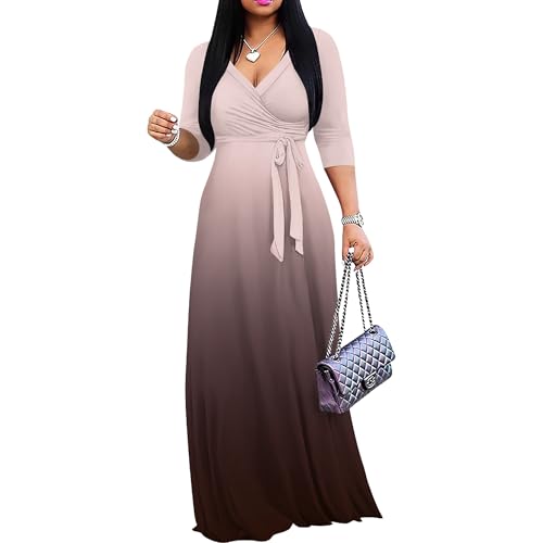 Image of PinkPatty Women's Plus Size Maxi Dresses Casual Flowy 3 /4 Sleeves Dress Printed Vacation Dress for Daily Wear with Belt
