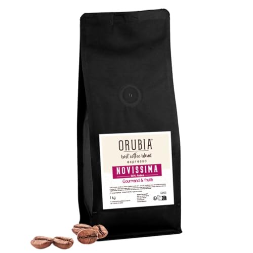 Orubia, Novissima, Café en Grains Arabica, Torréfaction Traditionnelle, 1 Kg, Arômes Chocolat et Pain Grillé, Intensité Équilibrée 6/10, Paquet Souple