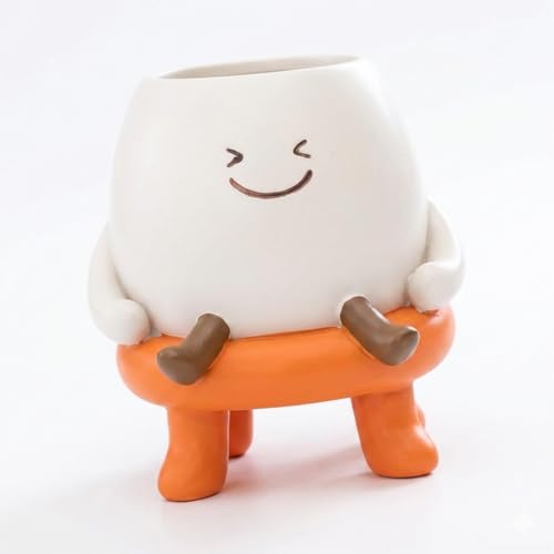 Image of Cute Face Plant Pot with Stool, Funny Resin Planter with Legs, Small Indoor Succulent Flower Pot for Desk, Living Room, Office Decor, Decorative Head Planter, Orange