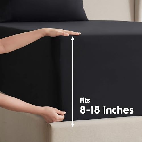 Image of Nestl Split King Bed Sheet Set - Black - 5-Piece Deep Pocket | Instantly Soft, Night-One Ready (No Wash Required). Fits 16-Inch Deep Pockets, 360-Degree Elastic Grip