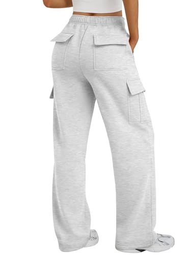 Trendy Queen Women's Cargo Sweatpants, Wide Leg Workwear Pants with Pockets & Elastic Waist, Casual Joggers for Travel Grey M
