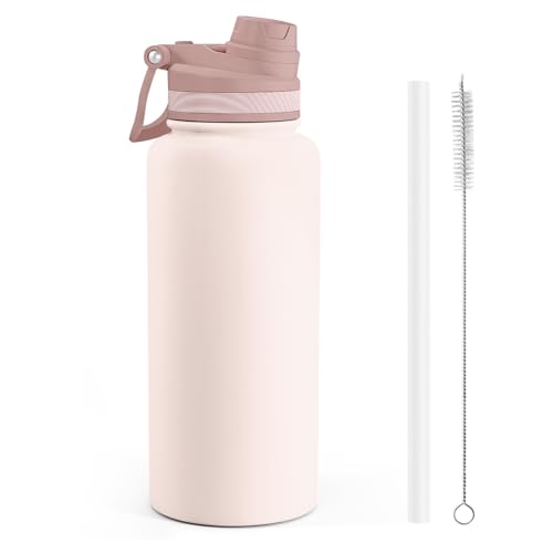 SANDJEST Stainless Steel Water Bottle with Strap 32oz, Insulated Bottles with Straw and Spout Lid for Gym Sports Travel Outdoor, Gifts for Women Girls Birthday Christmas (Beige)