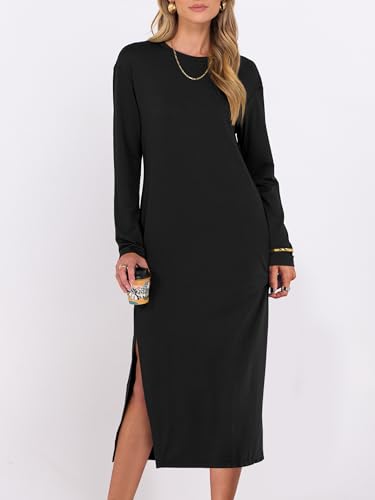 ANRABESS Long Sleeve Midi Dresses for Women Fall Fashion Casual Vacation Crewneck Loose Split Striped Long Tshirts Dress2