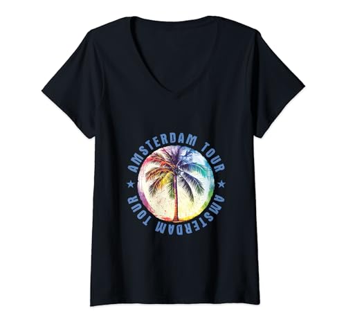 Damen Amsterdam Urlaub Tour Party Crew Bunt T-Shirt mit V-Ausschnitt