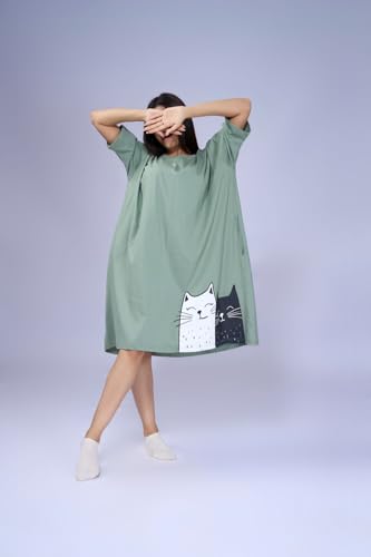 Image of LAMA STORE Women's Printed Oversized T-Shirt Dress, Cotton, 3 /4 Sleeve Length, Casual Loose Fit, Comfort Wear Extra Comfy Oversized Printed Pocket T-Shirt Dress