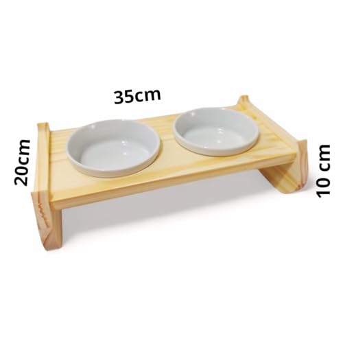 Comedouro Pet Elevado Para Gato Em Madeira Com 2 Tigelas de Porcelana Tamanho P