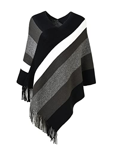 Ferand Damen Gestreifter Poncho Pullover Vielseitiger Schal zum Wickeln mit Fransen für Herbst und Winter - One Size - Schwarz & Grau
