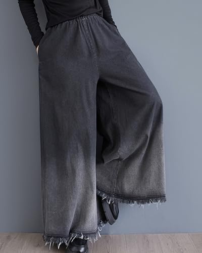 ellazhu Women's Pants Elastic Waist Wide Leg Pockets Color Block Baggy Loose Oversize Trouser GZ3152