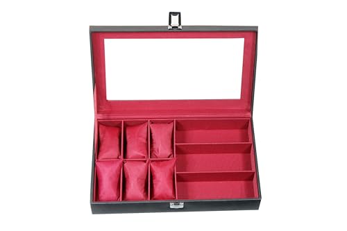 Image of Sukeshcraft 6 Slot Watch Organizer Case with Lock - Premium Black PU Leather Watch Box for Men - Sunglass Storage Compartment (Black Pu - Mehroon Velvet)