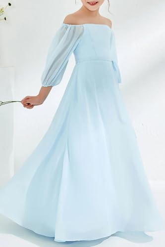 Elegant Boat Neck Junior Girls Bridesmaid Dress Long Sleeve A Line Formal Birthday Chiffon Dress4