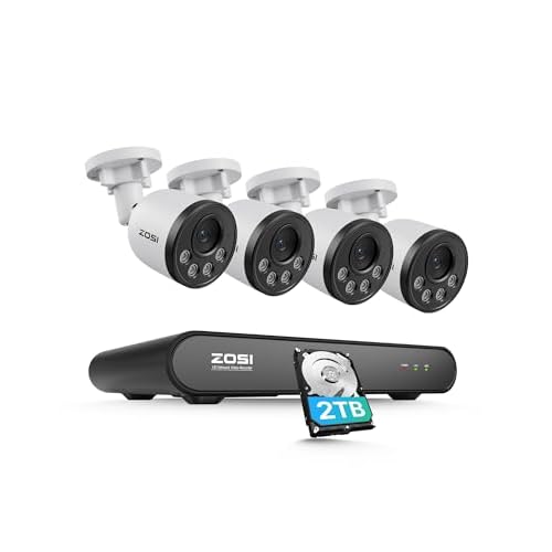 ZOSI 5MP PoE CCTV Camera System with Human Detection, 4X 4MP Outdoor Indoor Home Security Cameras and 8CH H.265+ 5MP PoE NVR Built-in 2TB HDD, 100ft Night Vision, Remote Access, 24/7 Recordi