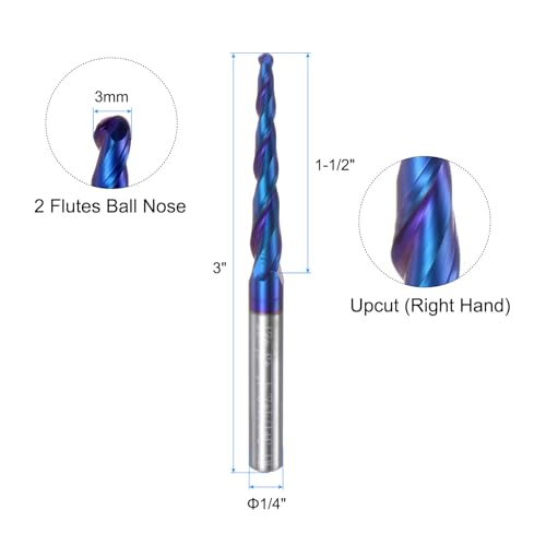 Image of uxcell Tapered Ball Nose End Mill CNC Router Bit, 1.5mm Radius 1 /4 inch Shank Solid Carbide Nano Coated Upcut Spiral 2 Flutes Cutter Milling Tool, 3mm Dia 3 inch Total Length