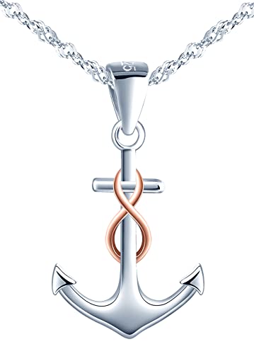 INFINIONLY Collier ancre pour femmes et filles, Collier en argent 925, Collier Pendentif ancre argent incrustée du symbole de l'infini or rose, Procédé...