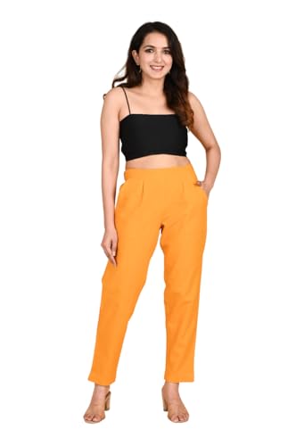 Image of Women's Solid Straight Fit 100% Cotton Trousers | High Waist, Side Pockets, Ankle Length Pants for Office, Casual