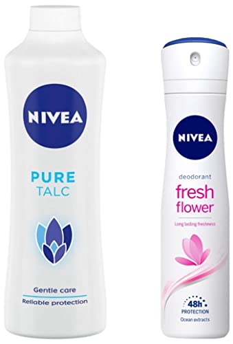 Image of NIVEA Talcum Powder for Men & Women, Pure, For Gentle Fragrance & Reliable Protection Against Body Odour, 400 g & Nivea Deodorant, Fresh Flower for Women, 150ml