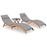 QJBSAVVA 2er Set Sonnenliegen aus Massivholz Akazie mit Tisch und grauen Polstern Klappbare Gartenliegen für Pool Terrasse und Balkon