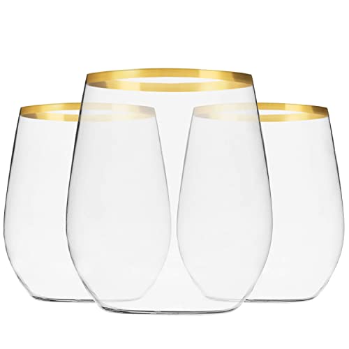 Munfix 48 Pack Plastic Stemless Wine Glasses with Gold Rim, Disposable 12 Oz Clear Plastic Wine Cups Shatterproof Recyclable and BPA-Free
