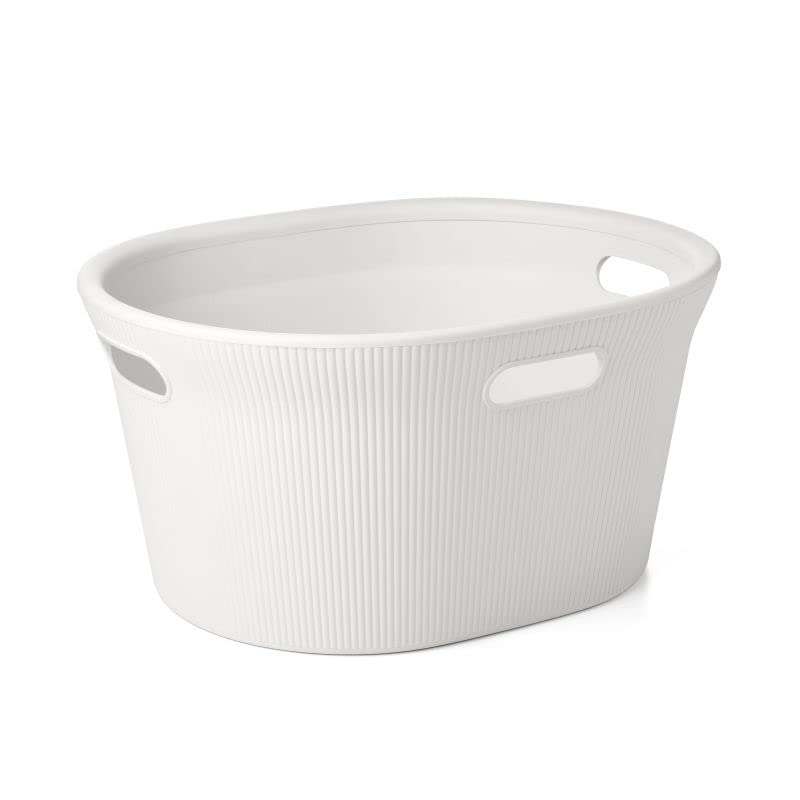 Image of Superio Ribbed Collection - Decorative Plastic Laundry Basket with Cut-Out Handles, White (1 Pack) Hamper Organzier for Bedroom Bathroom College Dorm Room 35 Liter