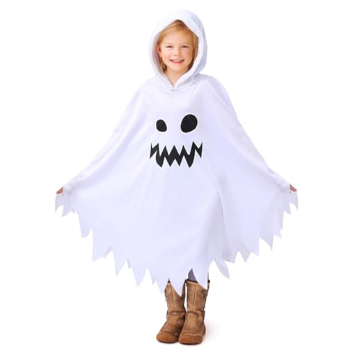 ZZOUFI Disfarce fantasma criança, disfarce de Halloween fantasma para menina bebé, fato de Halloween menina fantasma, branco com capuz