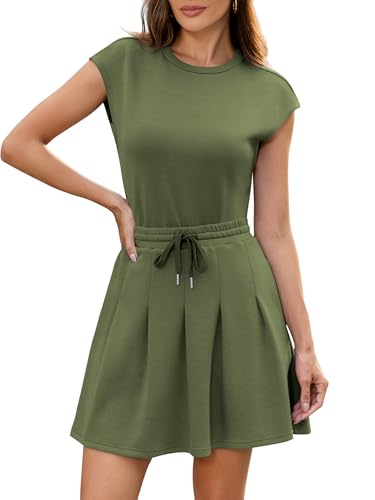Casly Lamiit Two Piece Skirt Sets for Women Summer Pleated Tennis Skorts with Shorts Cap Sleeve Top Travel Outfits Lounge Tracksuit Army Green XS