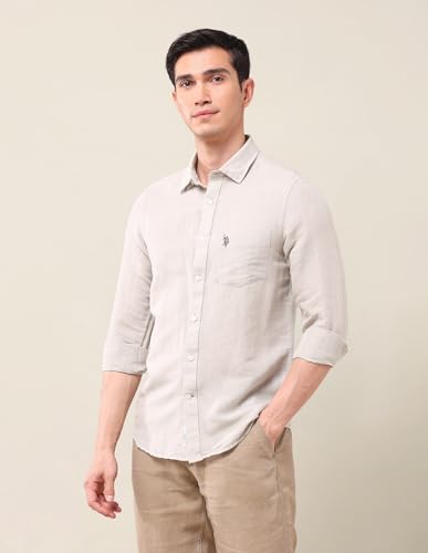 Image of U.S. Polo Assn. Men's Beige Solid Spread Collar Full Sleeve Casual Linen Tailored Fit Shirt