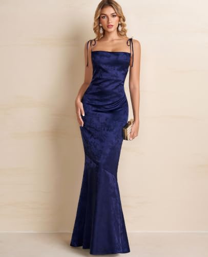 Image of GLNEGE Wedding Guest Maxi Prom Dress Lace Up Satin Formal Dresses for Women | Spaghetti Strap Cocktail Elegant Bridal Shower Wgute Dress Bodycon Mermaid Long Evening Black Tie Dresses for Women