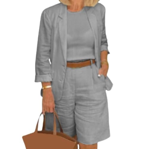 JJYCXAEW Blazer Shorts Set for Women 2 Piece Outfits Cotton Linen Casual Sets Lightweight Blazer Jacket Wide Leg Shorts Suit Set