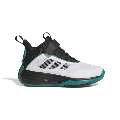 adidas Own The Game 3.0 Mid Top Elastic Lace & Strap Basketball Sneaker, White/Black/Pure Teal, 5 US Unisex Big Kid2
