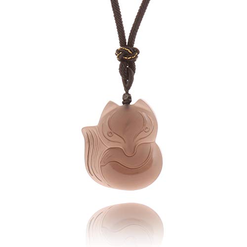 MATT HANN Natural Stone Fox Gem Pendant Necklace Original Handmade Grouding Stone (Ice Rainbow Eye Obsidian Fox B)
