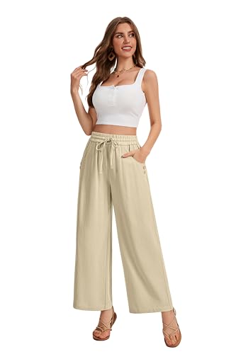 Image of KICZOY Women Flowy Pants Drawstring Waist Wide Leg Palazzo Beach Pants Loose Fit with Pockets