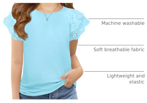 Image of Haloumoning Girls Ruffle Sleeve T Shirts Summer Short Sleeve Casual Cute Crewneck Tops Tees 5-14 Years