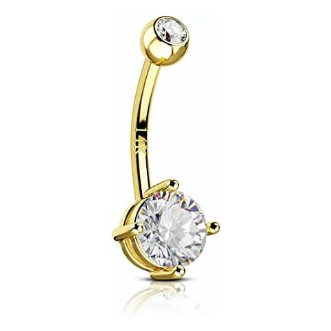 COCHARM 14K Solid Gold Belly Button Rings for Women Yellow Gold Belly Rings 14k Gold Cute Clear CZ Belly Navel Piercing Jewelry Cover