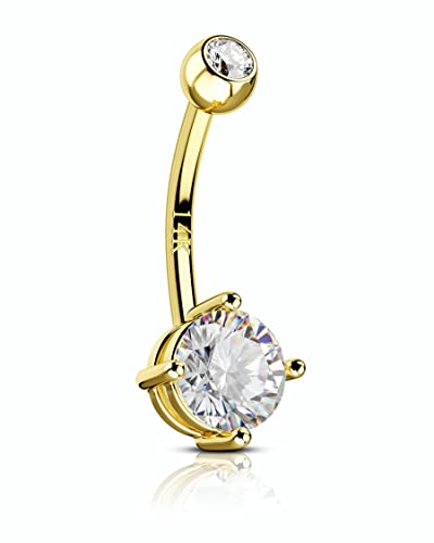 COCHARM 14K Solid Gold Belly Button Rings for Women Yellow Gold Belly Rings 14k Gold Cute Clear CZ Belly Navel Piercing Jewelry