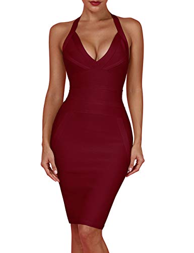 whoinshop Damen Tiefer V-Ausschnitt Rückenfrei Neckholder Bodycon Cocktail Party Bandage Kleid, wein, Groß Cover