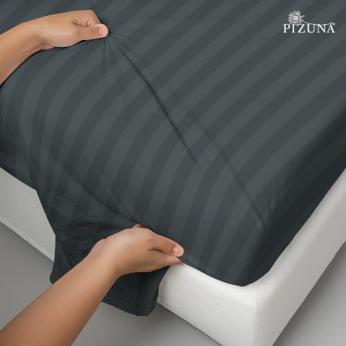 Image of Pizuna 100% Cotton Bedsheet Super King Size with 2 Pillow Covers, 300 Thread Count Long Staple Cotton, Stripes Pattern Flat Bed Sheet 108X108 Inch for Superking Bed, Anthrazit-Grey