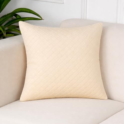 Image of STITCHNEST Quilted Velvet Cushion Covers Set of 2 | Soft Beige | 12x12 Inches | Premium Sofa & Living Room Decor