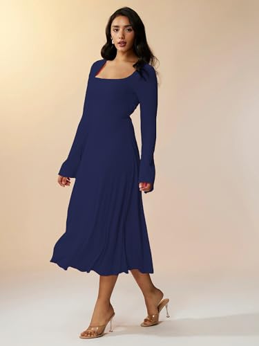 Image of Shasmi Women's Square Neck A-Line Dress - Long Sleeve, Tie Waist, Knitted Stretchable, Casual & Office Outfit, Solid Winter Midi Dress for Women (Dress 221)