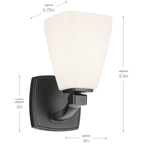 Image of Kichler Marant 5 inch 1-Light Wall Sconce Bathroom Vanity Light Fixture with Opal Glass in Black for Bathroom, Powder Room, Hallway, Fireplace (5 inch W x 9.5 inch H), 55214BK