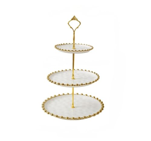 【Dlwk】アフタヌーンティー用 3 段ケーキスタンド・デザートプレート。白と金模様、おしゃれ組み立て式。テーブルセット・フルーツバスケット代用可。HF