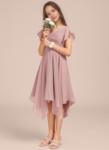 dideyttawl Junior Bridesmaid Dresses Short Flutter Sleeves Chiffon Pleated Flower Girls Dress Flowy Prom Gown for 4-16 25053