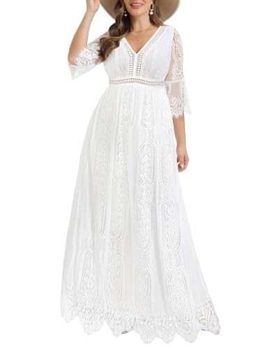 Pinup Fashion Damen Plus Size Boho Maxi Floral Spitze Bohemian Brautkleid V Ausschnitt Flowy Lange Party Kleider, Weiss/opulenter Garten, 50 Mehr