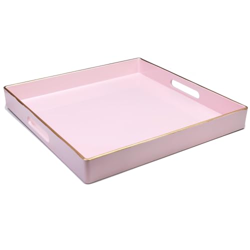 Spsyrine Pink Decorative Serving Tray with Handles, 13" X 13" Square Plastic Coffee Table Tray for Ottoman, Living Room, Bathroom, Home Decor.