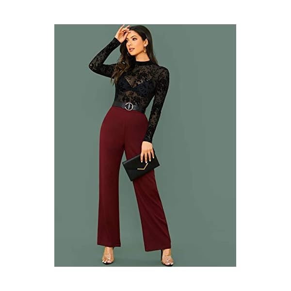 Floerns Women's Sheer Mesh Lace Long Sleeve Stretchy Bodysuit Jumpsuit Black Flower M