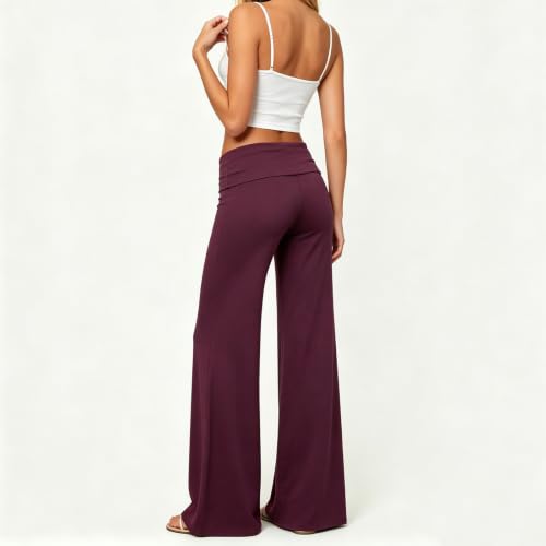 Image of Lounge Yoga Pants for Women Fold Over Low Waist Wide Leg Bell Bottoms