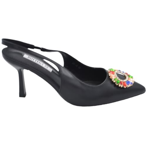  Scarpe Decollete Donna Slingback in Pelle Nera con Accessorio di Strass Colorati in Punta Tacco a Spillo Basso 7 cm (40 EU)