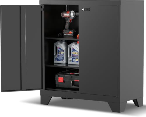 Aktenschrank Abschließbar, Metallschrank Klein, Büroschrank mit Kombinationsschloss,Mehrzweckschrank mit 2 Verstellbare Regale, Werkzeugschrank für Garage, Büro, Wohnzimmer, 90 x 80 x 40 cm, Schwarz