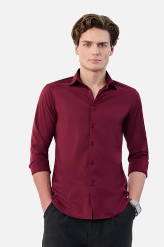 Image of SNITCH Men Formal Shirt | Tailored Slim Fit Full Sleeve Spread Collar Solid Style | Breathable Polyester Viscose Blend Twill Fabric for Office & Evening